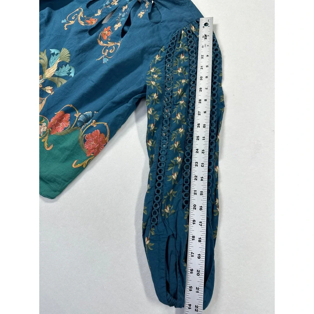 Farm Rio Cutout Blouse M Teal Blue Cutout Boho Peasant Anthropologie Romantic